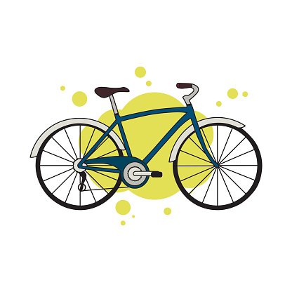 Blue detailed city bicycle isolated on yellow abstract.