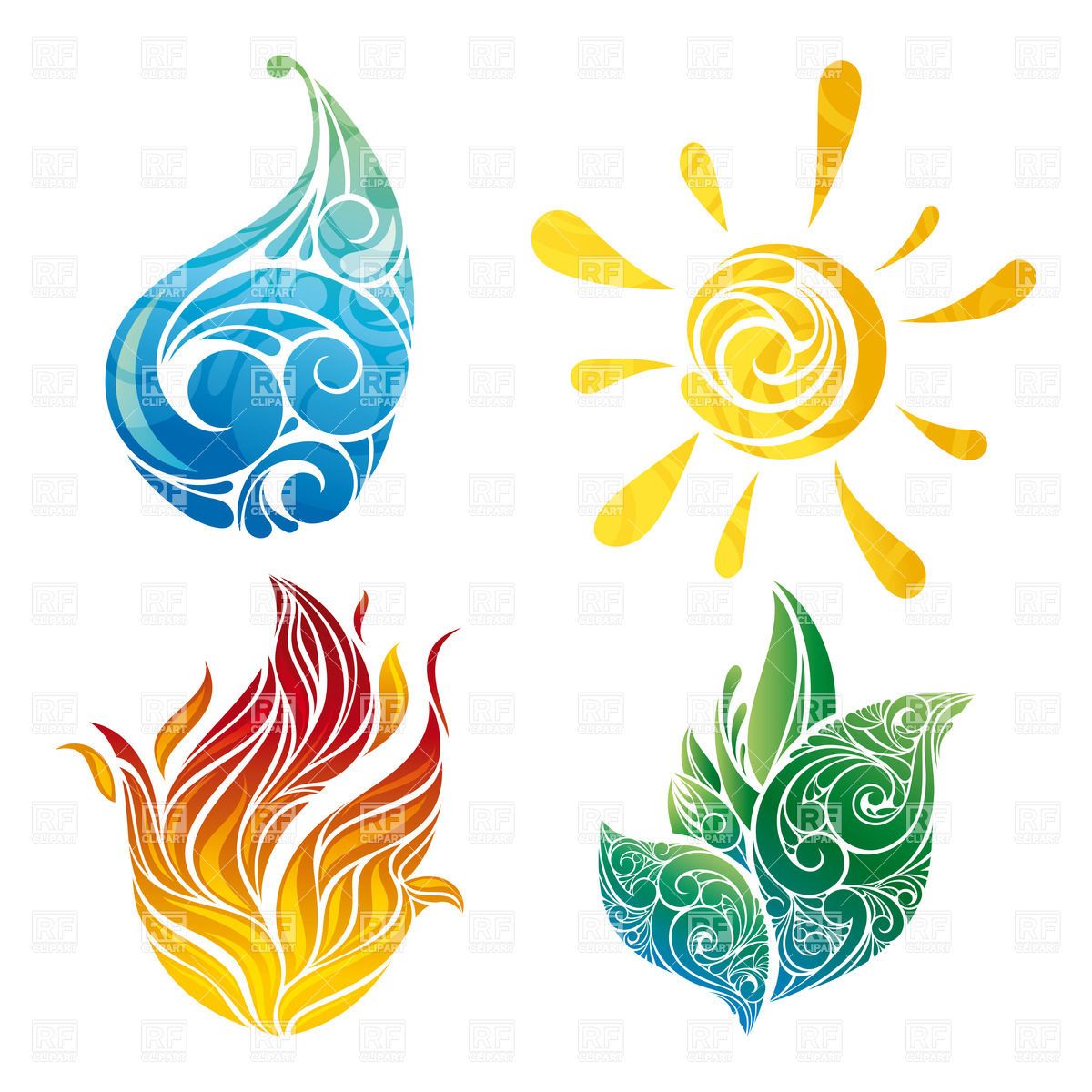 Abstract sun, leaf, water and fire symbols Stock Vector.
