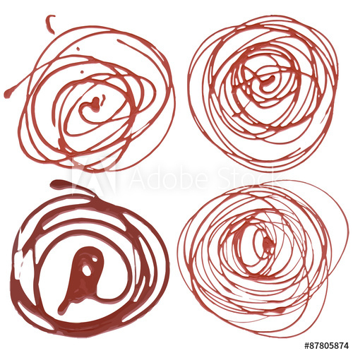 Set of 4 squeezed red and brown acrylic paints in circle.