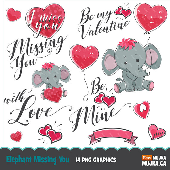Valentine clipart, cute animals. Valentine\'s day elephant.