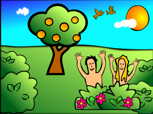 Adam & Eve in garden scenery vector illustration.