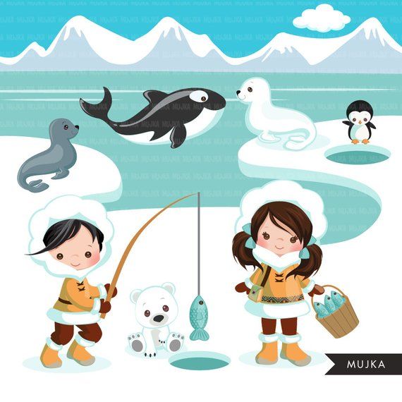 Arctic animals clipart. Cute winter animals, igloo, whale.