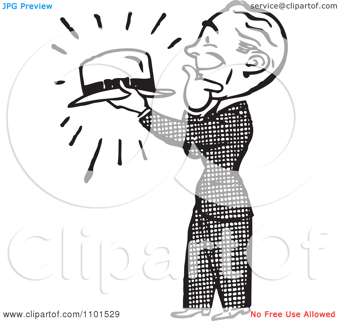 Clipart Retro Black And White Gentleman Admiring A Hat.
