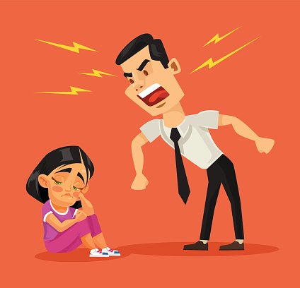 Father scolds his daughter. Vector flat cartoon illustration.