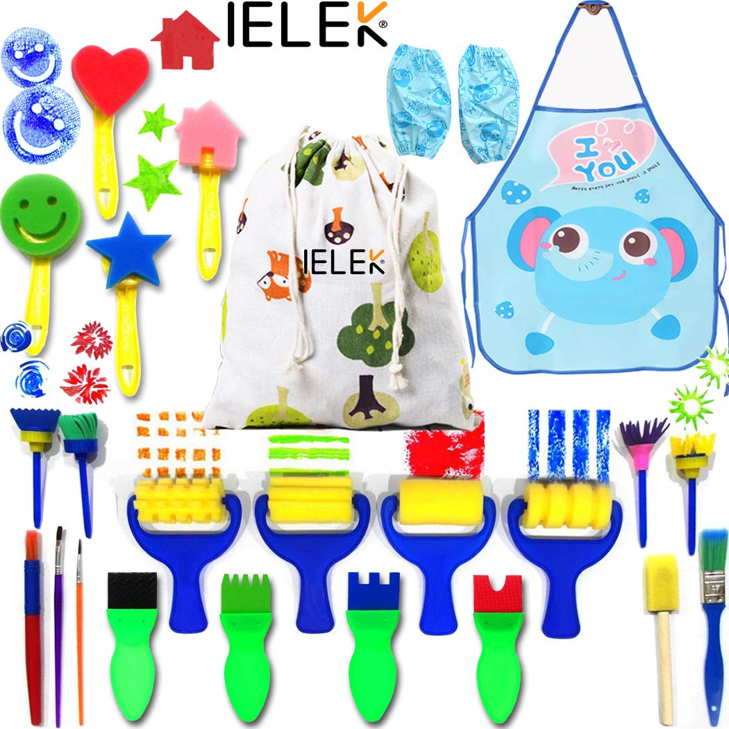 IELEK Painting Kits for Kids,Art Smocks Waterproof Craft Drawing Tools  Set,Sponge Brushes Artist Painting Aprons with 2 Sleeves for Early DIY  Learning.
