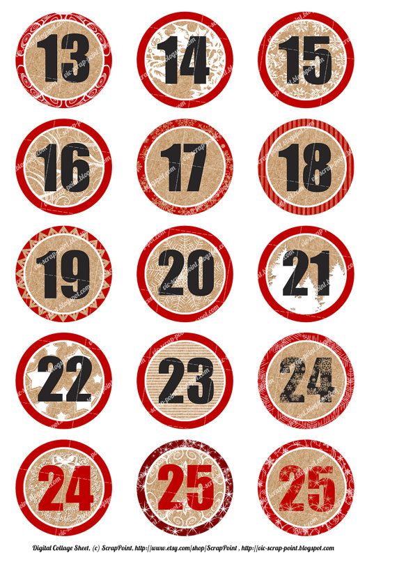 Printable DECEMBER DAILY NUMBERS, 1 and 2 inch circles.