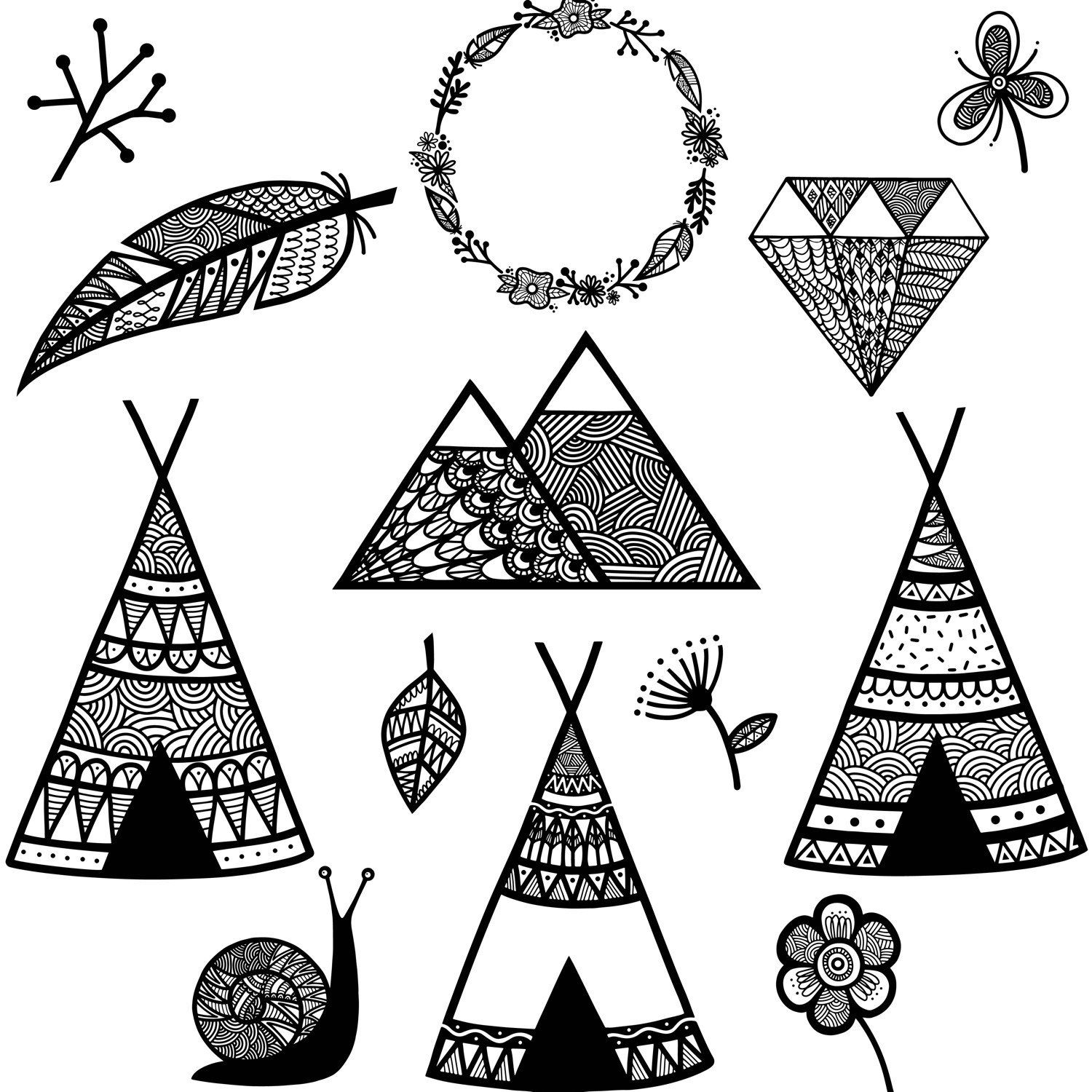 Wild Woodland Clipart, Wilderness,Feather, Black and white.