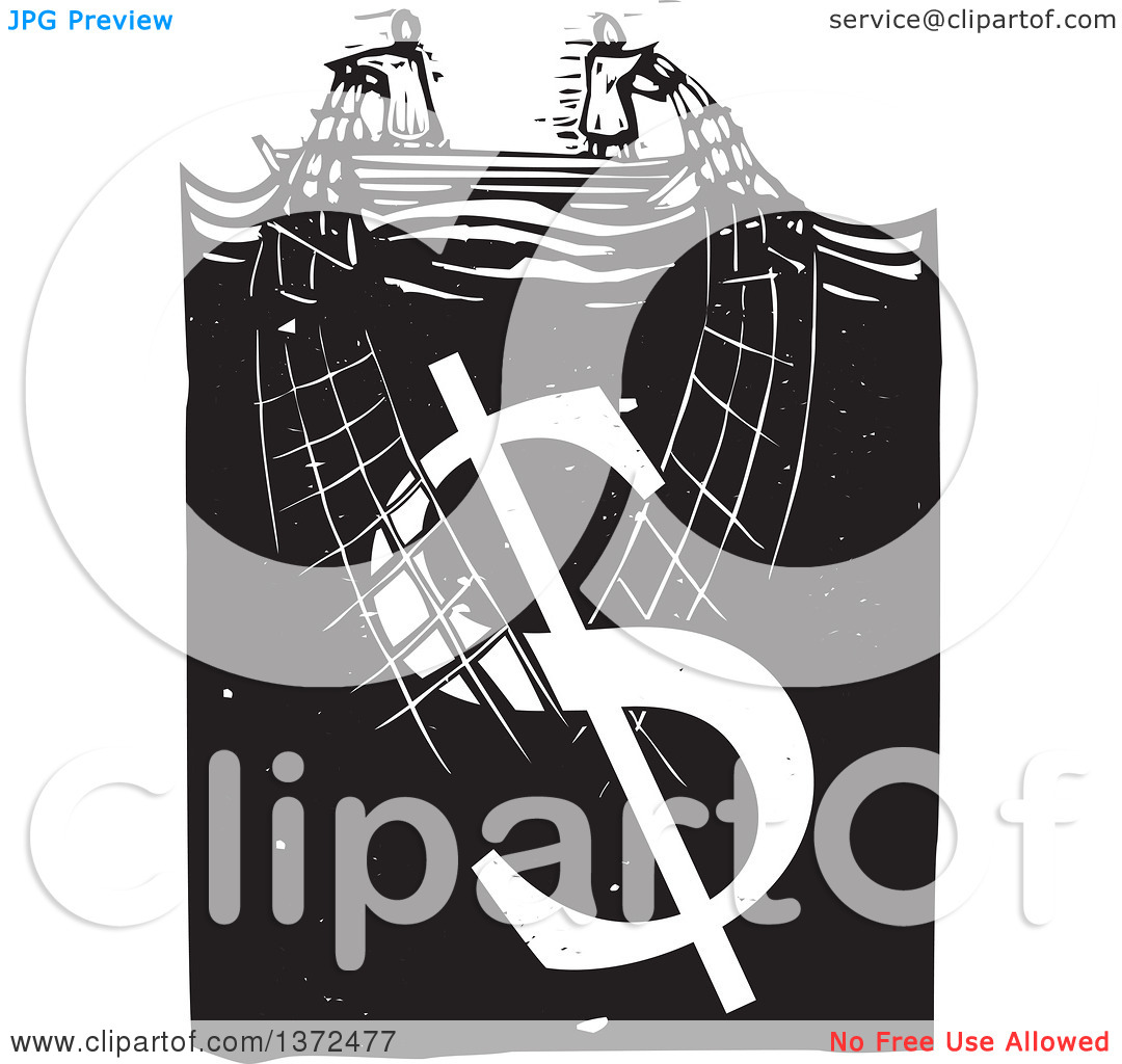Clipart of a Black and White Woodcut Couple Trying to Stay Afloat.