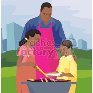 An african american family cooking out on the grill clipart. Royalty.