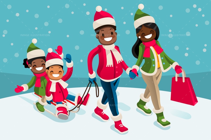 Winter Family Vacations Isometric People Black Cartoon Character.