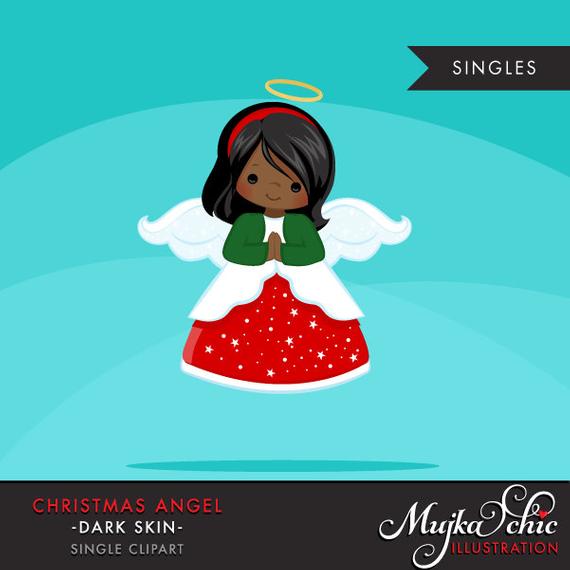 Christmas Angel Clipart. Dark skin African American, holiday.