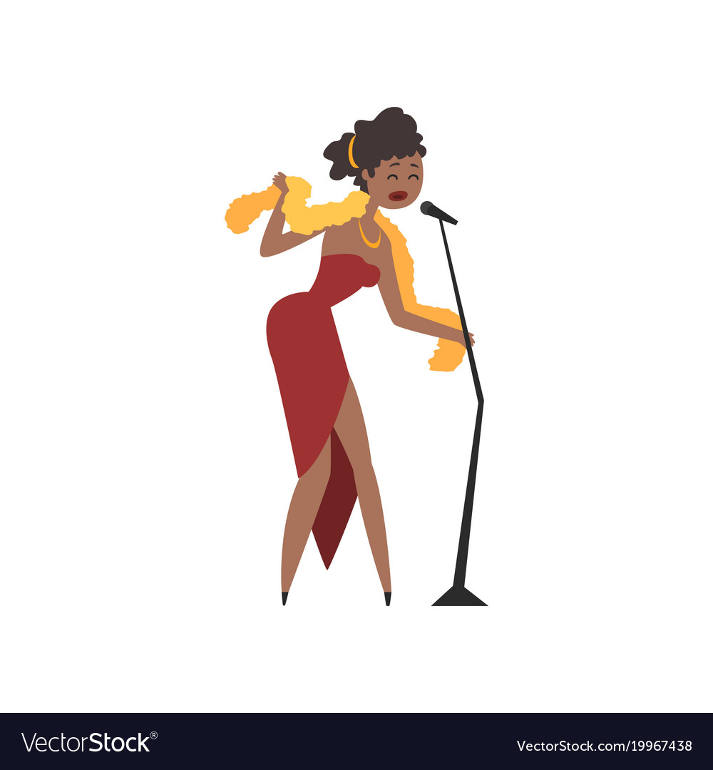 African american female soul singer in red dress.