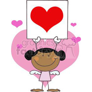 Stick African American Cupid Girl with a Heart Banner clipart. Royalty.