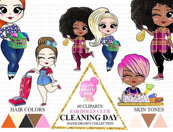 Cleaning Day Doll Clipart Planner African American Cute Girl.