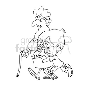 vector child walking with his grandmother in black and white clipart.  Royalty.