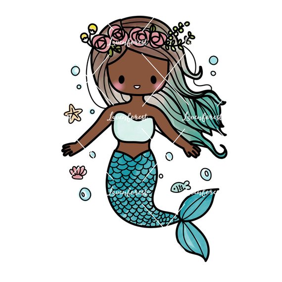African American Mermaid ClipArt, girl digital download, nautical.