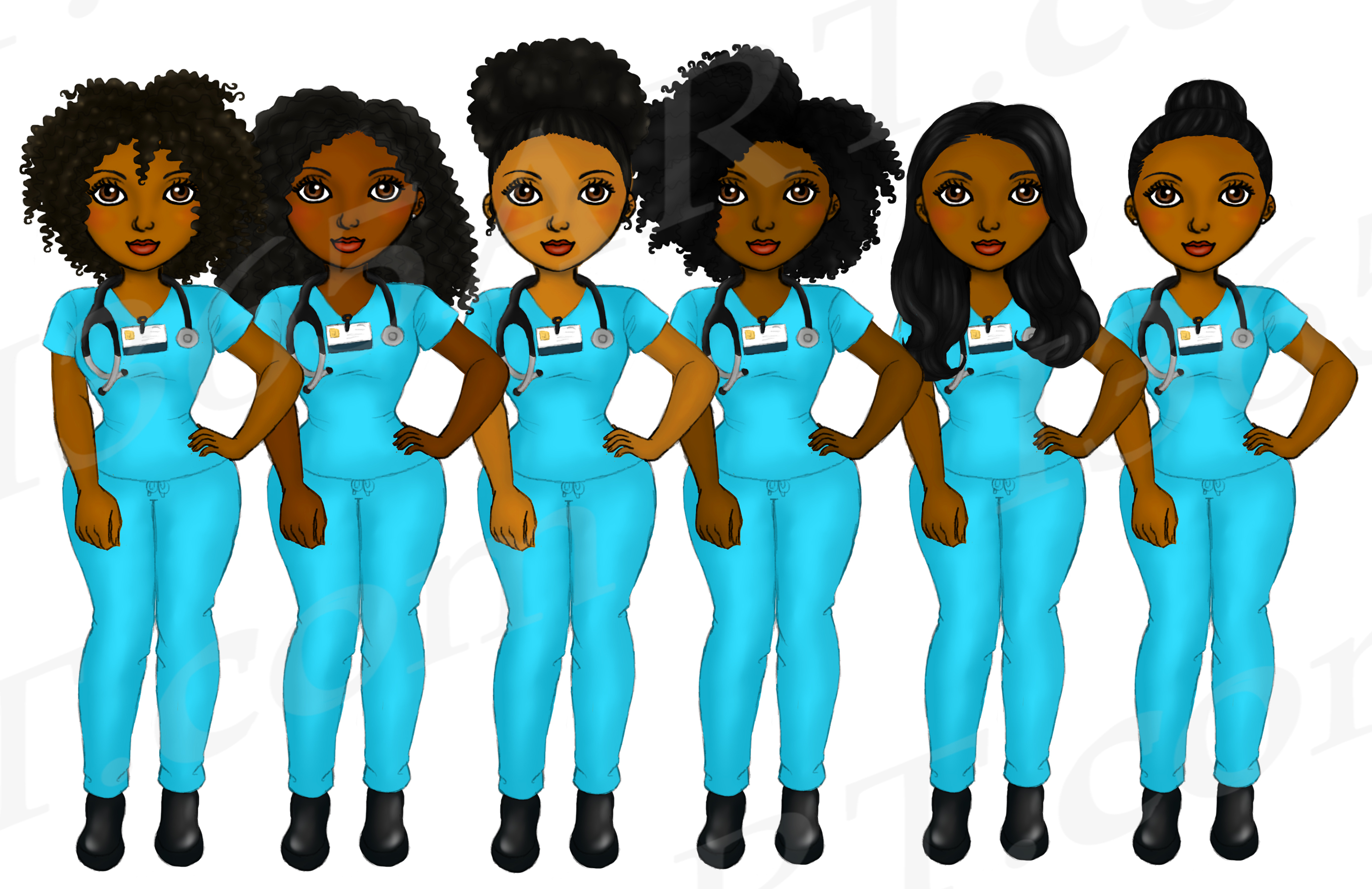 Natural Hair Nurse Girls in Scrubs Clipart Fashion PNG.