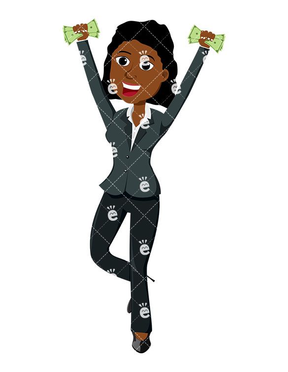 A Black Woman Jumping While Holding Cash In Each Hand.