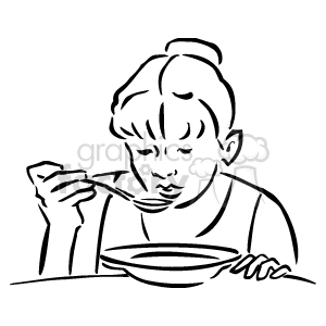 Black and white girl eating a bowl of hot soup clipart. Royalty.