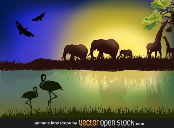 African Savannah Landscape with Elephant and Giraffe Silhouettes.