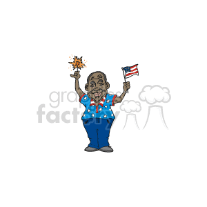 Patriotic african american man holding a sparkler and a flag clipart.  Royalty.