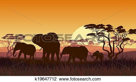 Clipart of Elephants in African savanna. k19647712.