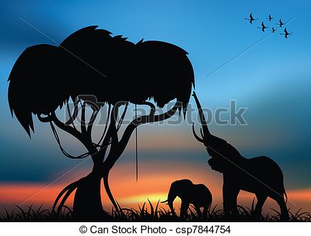 Drawing of African savanna with elephants at the sunset csp7844754.