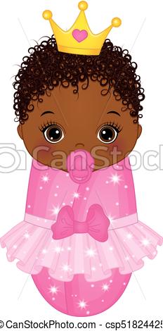 Vector Cute African American Baby Girl Dressed as Princess.