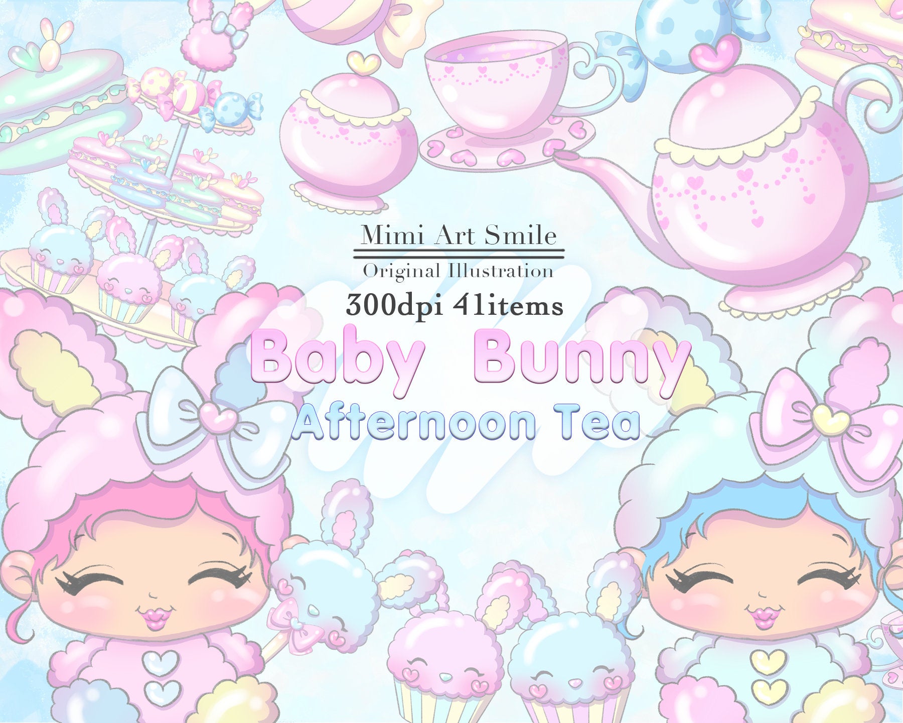 Baby bunny Afternoon Tea Clipart, Teatime Clip art,Teapot Teacup Cute  rabbit Kawaii Baby Macron Cupcake Sweet Pretty Girl Candy Ribbon pink.