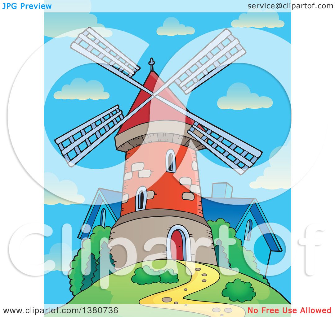 Clipart of a Brick Windmill and House on Top of a Hill Against a.