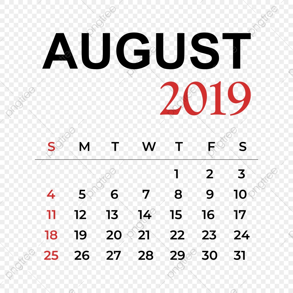 2019 Calendar August Month, Calendar, Year, Week PNG and Vector with.