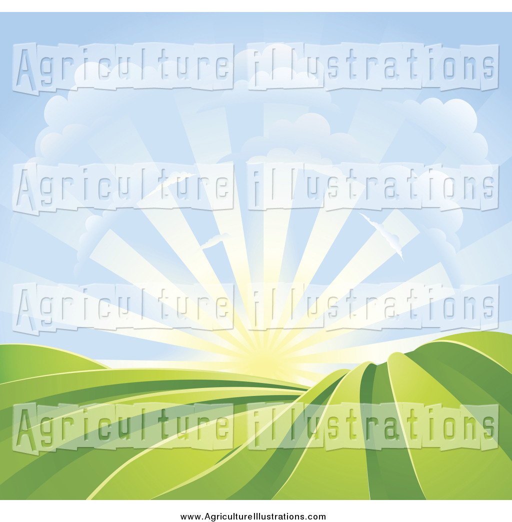 Agriculture Clipart of a Bright Sunrise over Crops by.