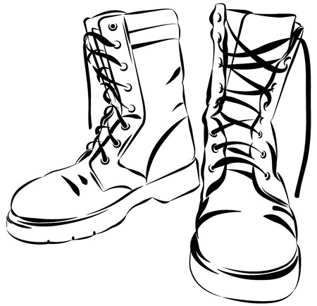 Old army boots. Military leather worn boots. Vector graphic.