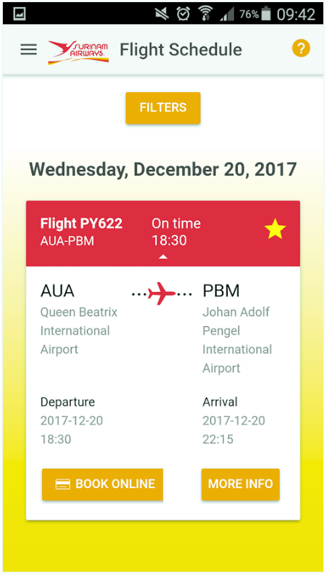 Surinam Airways Mobile App Flight information.