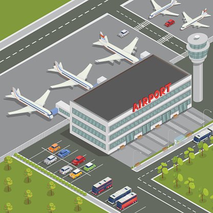 Isometric Airport Building. Airport Terminal with Planes.