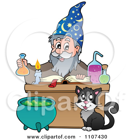 Clipart Cat Watching A Happy Alchemist Wizard Make A Spell.