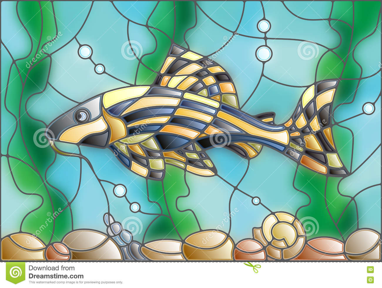 Stained Glass Illustration Of Aquarium Fish On The Background Of.