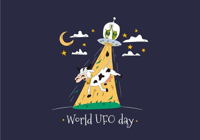 World UFO Day With Aliens Abducting Cow Vector.