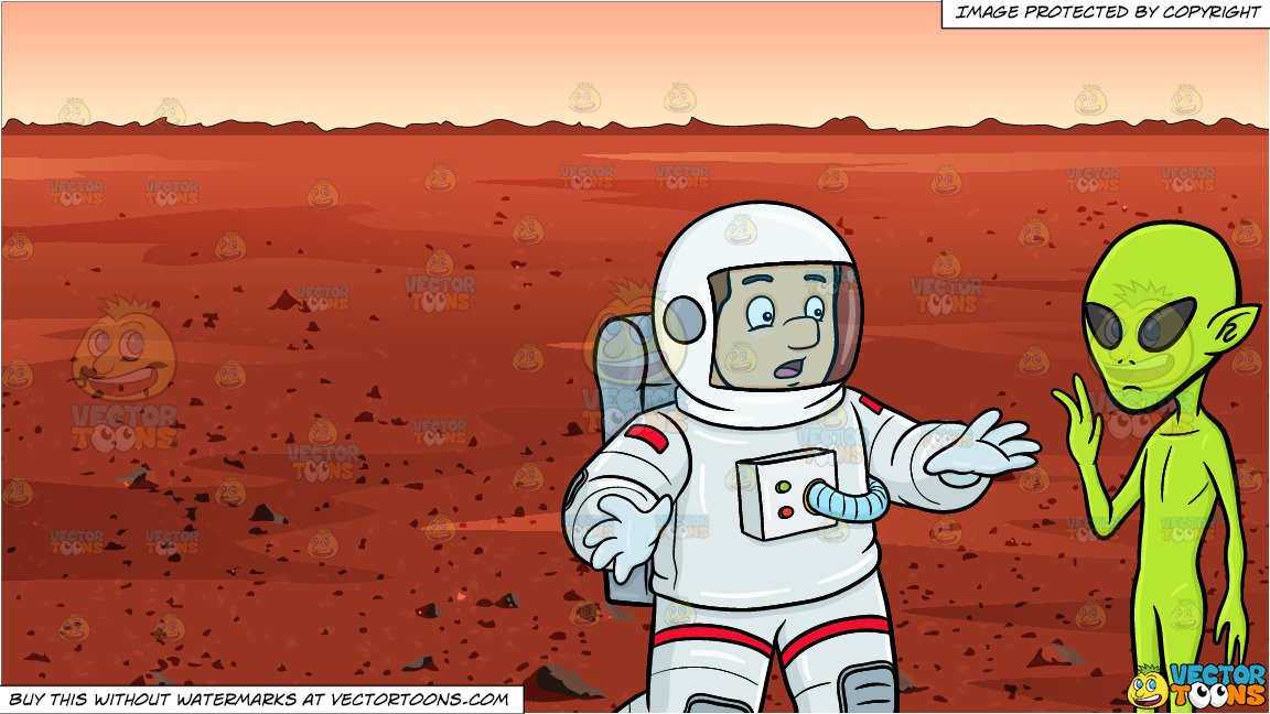A Male Astronaut Shocked By A Waving Alien and Surface Of Mars Background.