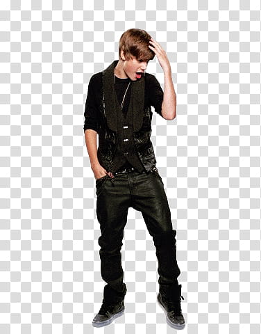 Bieber, man wearing black outfit touching his head.