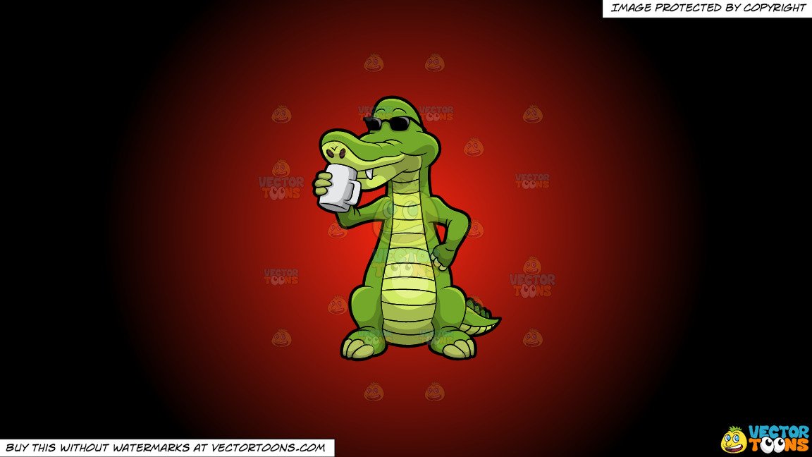 Clipart: Arthur The Alligator Drinking Coffee on a Red And Black Gradient  Background.