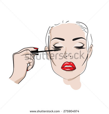 Woman Paints Eyelashes Ink. Hand Drawn Makeup Set. Stock Vector.
