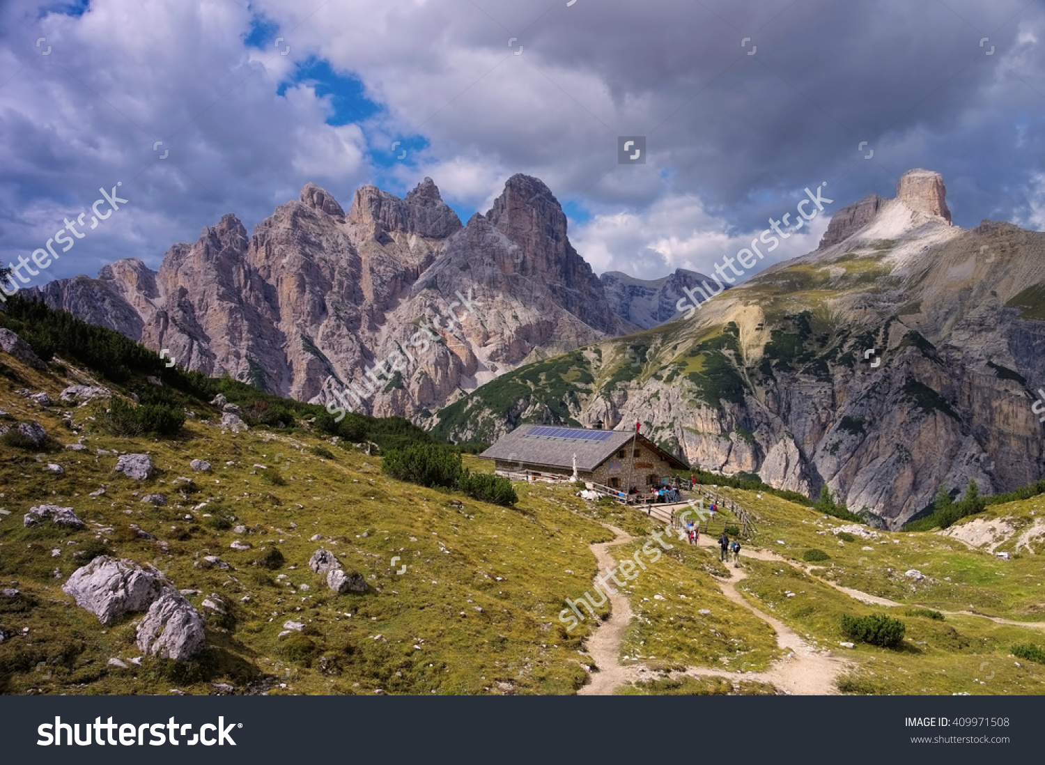 Lange Alm Alpine Club Hut In Dolomites, Italy Stock Photo.