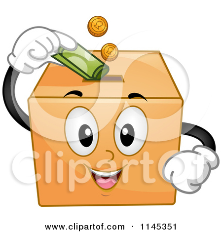 Cartoon of a Donation Box Mascot Inserting Money.