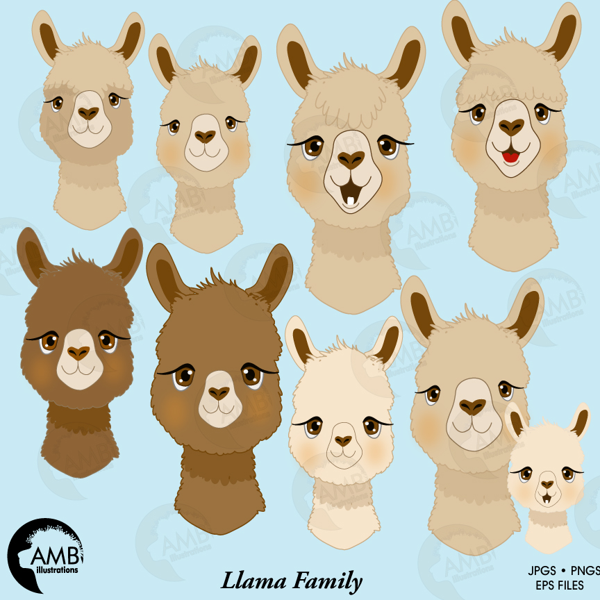 Llama Faces Clipart, Llama clipart, Alpaca clipart for scrapbooking,  Cupcake Toppers, Paper Crafts, AMB.