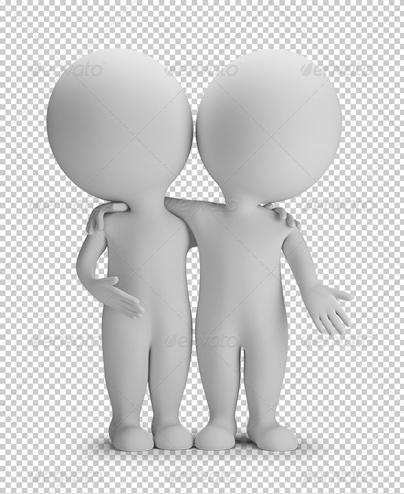 3d small person two friends are hugging. 3d image.