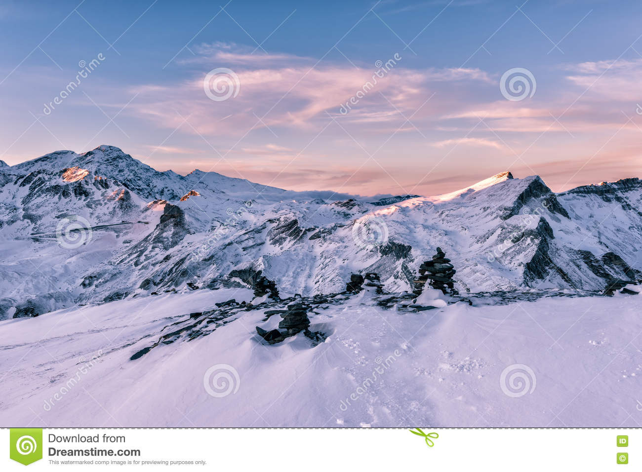 Gentle Pink Sunset Light At Winter Alps Mountains Stock Photo.