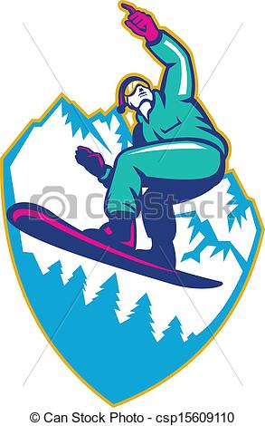 Vector Clip Art of Snowboarder Holding Snowboard Alps Retro.