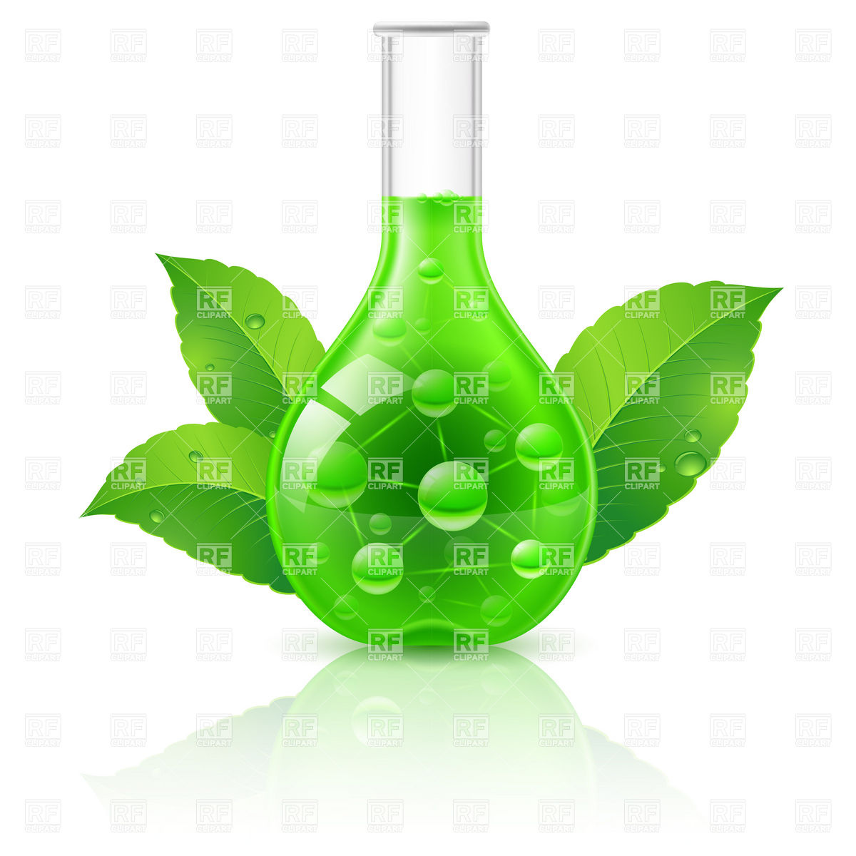 Laboratory flask with green liquid.