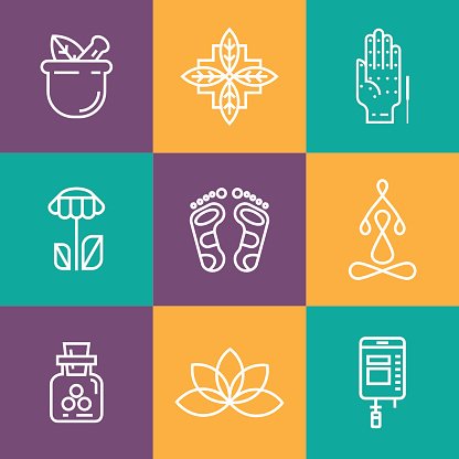 Colorblock Alternative Medicine icons. Clipart Image.